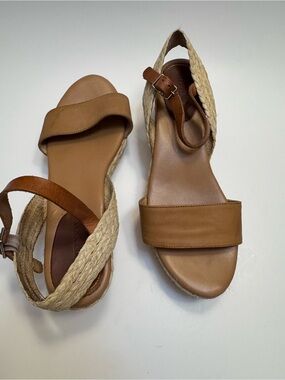 Matt Bernson Tan Leather Espadrille Platform Wedge Coastal Summer Sandals